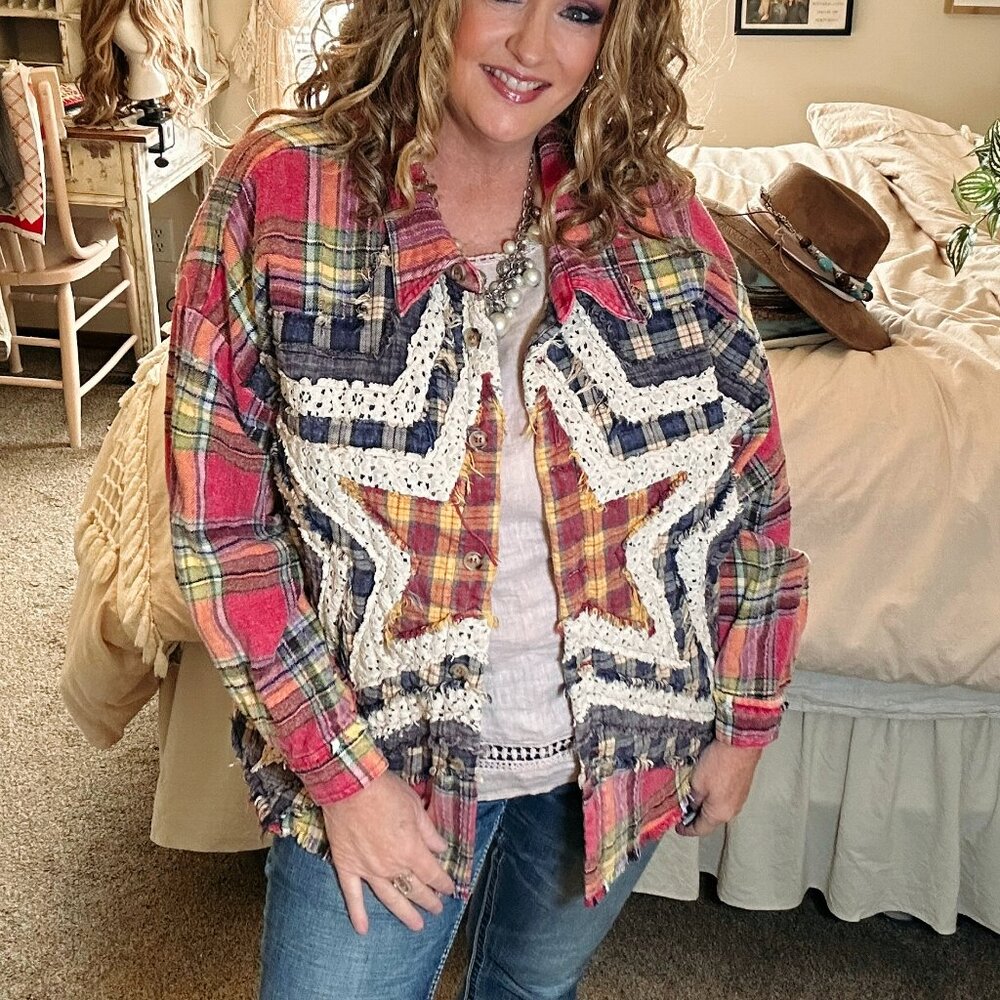 Oli & Hali Star Patchwork Jacket • Pink Plaid Mix • Size M • Boho Vintage Style